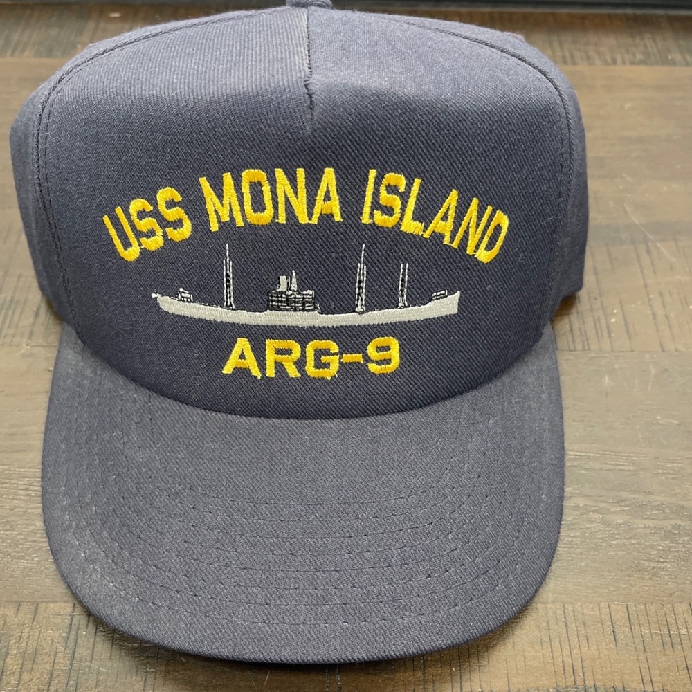 Vintage USS Mona Island ARG-9 Navy Ship Hat Made in USA Snapback Blue Cap